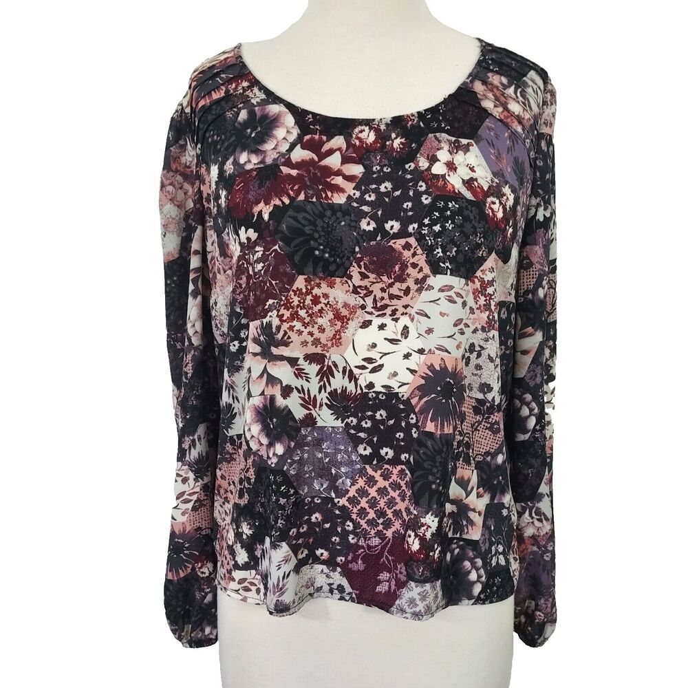 Xhilaration Shirt Top Size XL Purple Floral Flowy Zipper Long Sleeve Blouse